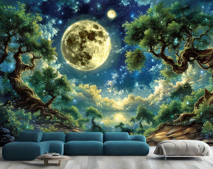 Forest Scene Under Full Moon Starry Night Gift, Art Print Photomural Wallpaper Mural Easy-Install Removeable Peel and Stick Large Wall Decal