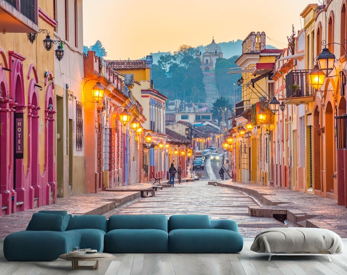 Streets and Colorful of San Cristobal in Mexico Gift, Art Print Photomural Wallpaper Mural Easy-Install Removeable Peel and Stick Wall Decal