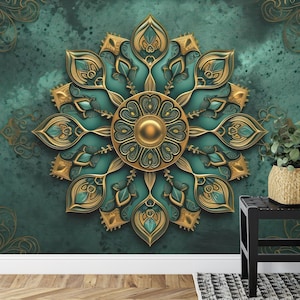 3D-Decke geschmückter grüner und goldener Mandala-Geschenkkunstdruck-Fotowand-Tapetenwandbild