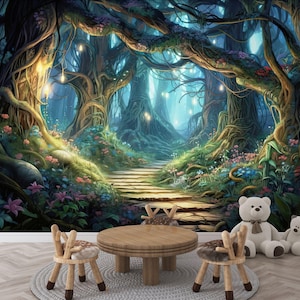 Arbres de la forêt magiques enchantés, chambre de filles, cadeau de décoration murale, impression d'art, papier peint mural autocollant amovible facile à installer