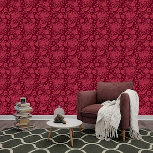 Burgundy Art Deco Rose Dark Red Floral Gift, Art Print Photomural Wallpaper Mural Easy-Install Removeable Peel and Stick Large Wall Decal