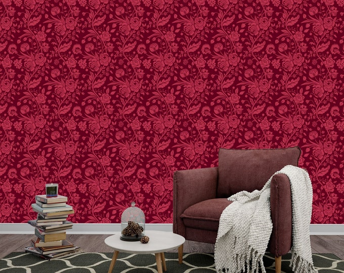 Burgundy Art Deco Rose Dark Red Floral Gift, Art Print Photomural Wallpaper Mural Easy-Install Removeable Peel and Stick Large Wall Decal