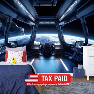 May include: A bedroom with a space-themed mural. The room features a bed with a blue comforter, a pillow with a yellow toy, and a white dresser. The mural depicts a spaceship interior with a view of Earth and space.