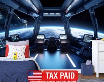 May include: A bedroom with a space-themed mural. The room features a bed with a blue comforter, a pillow with a yellow toy, and a white dresser. The mural depicts a spaceship interior with a view of Earth and space.