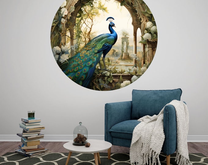 Garden Arch Peacock Art Plants Circle Poster Photomural Wall Décor Easy-Install Removable Self-Adhesive High Quality Peel and Stick Sticker