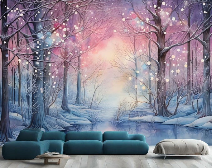 Snowy Forest Stream Trees Gorgeous Pink Blue Gift, Art Print Photomural Wallpaper Mural Easy-Install Removeable Peel and Stick Large Decal