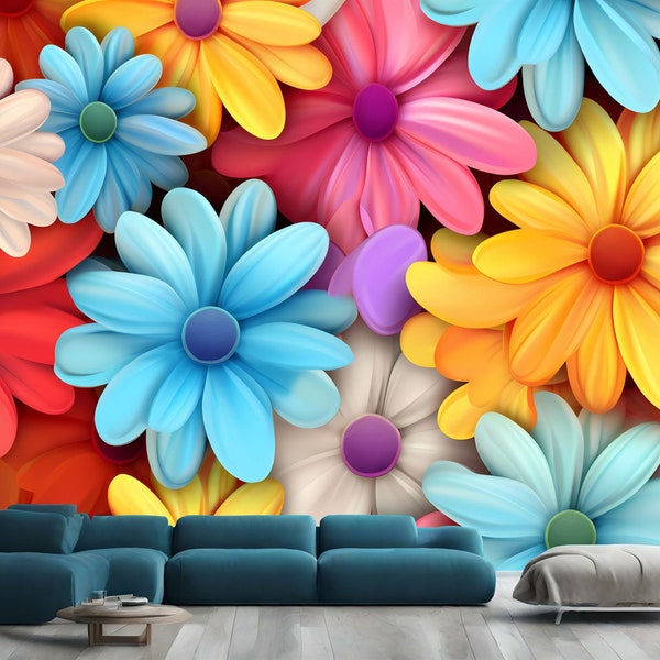 Whimsical Daisies in Rainbow Gradient Gift, Art Print Photomural Wallpaper Mural Easy-Install Removeable Peel and Stick Large Wall Decal Art
