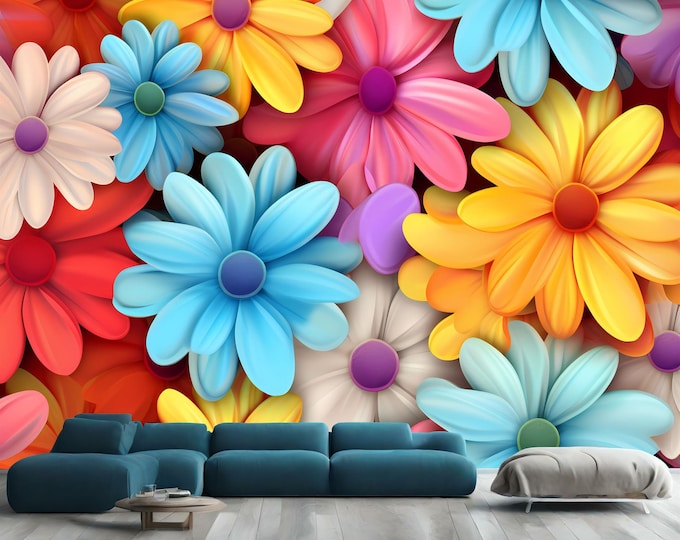 Whimsical Daisies in Rainbow Gradient Gift, Art Print Photomural Wallpaper Mural Easy-Install Removeable Peel and Stick Large Wall Decal Art