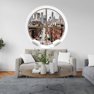 3D Fenster Manhattan Street View Kreis Poster Fotowand Dekor Einfach zu installierender, selbstklebender, hochwertiger Peel and Stick Aufkleber