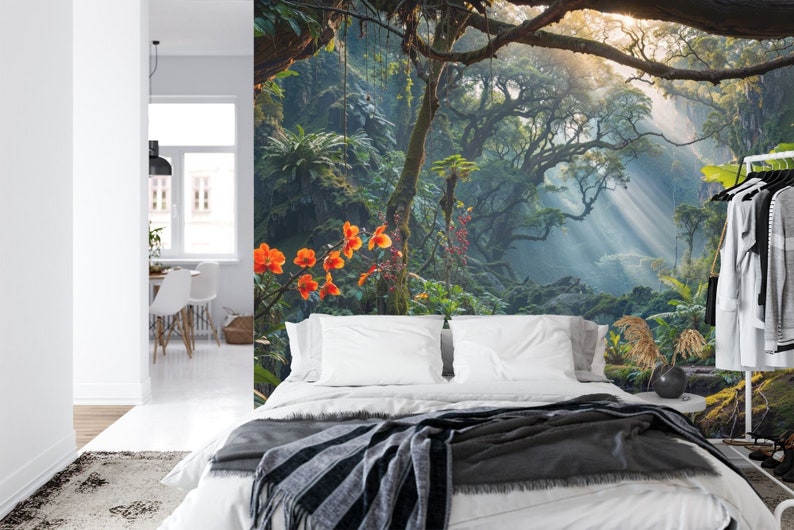 Tropical Rainforest Wallpaper Mural, Exotic Jungle Peel and Stick Wall ...