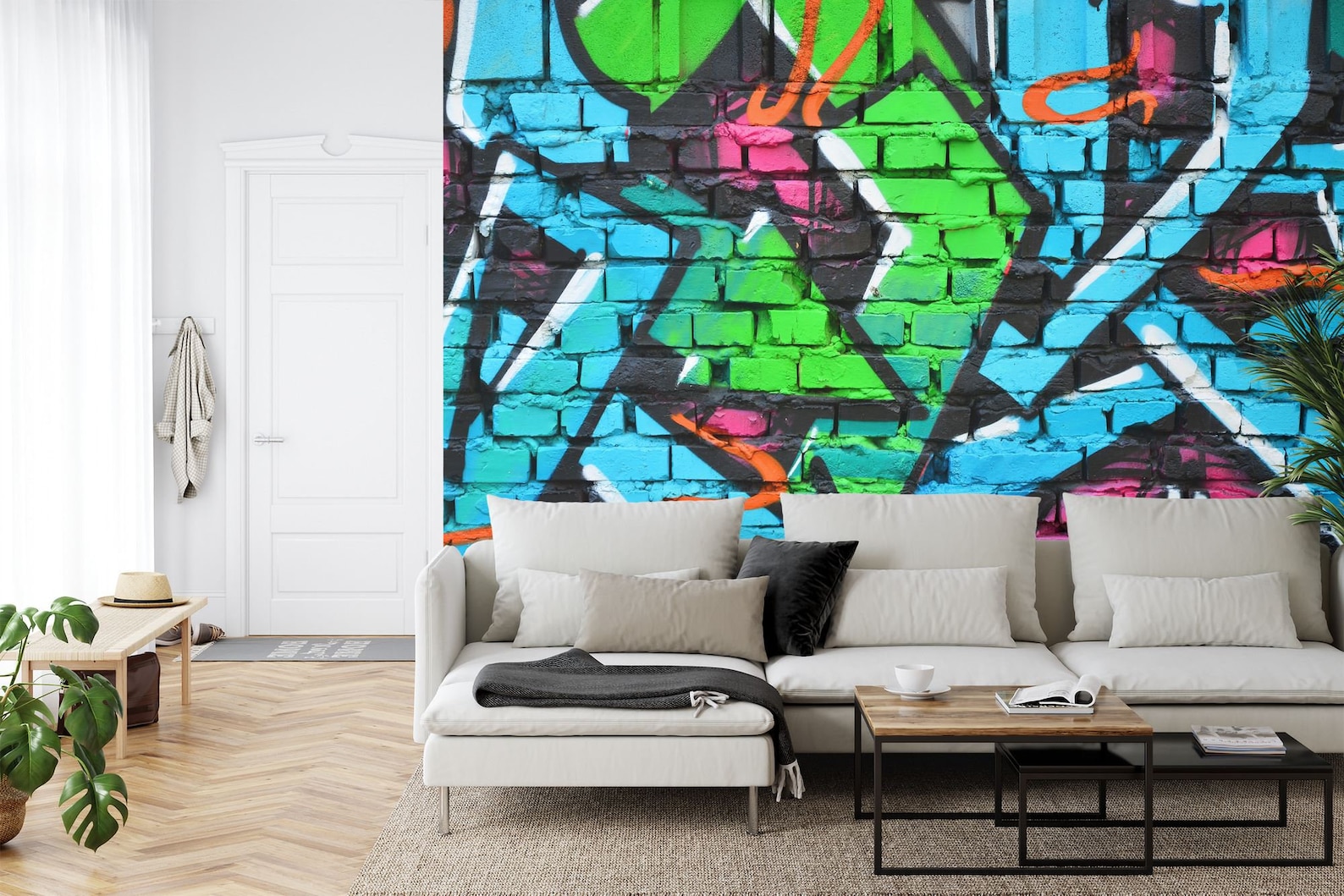 Graffiti Brick Wall Mural, Colorful Urban Art, Peel and Stick Wallpaper ...