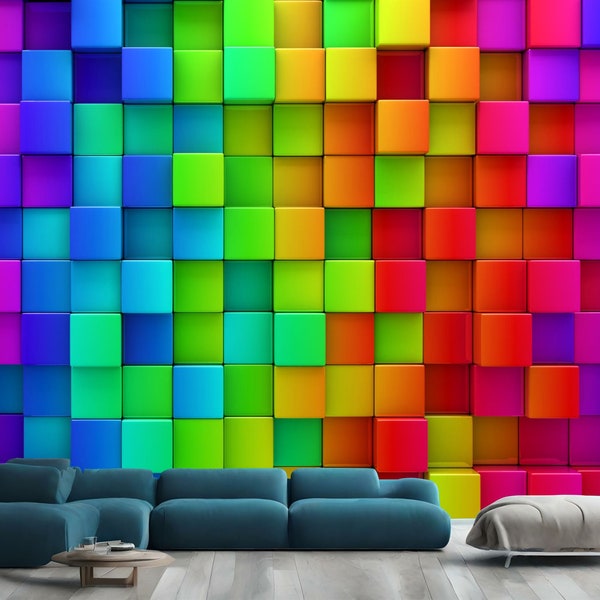 3D Rainbow of Colorful Blocks Abstract Gift, Art Print Photomural Wallpaper Mural Easy-Install Removeable Peel and Stick Large Wall Decal