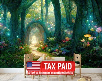 Fairytale Forest Wallpaper Mural, Magical Night Scene, Peel and Stick Wall Decal