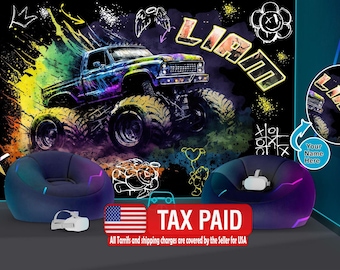 Monster Truck Kids Room Wallpaper Mural, Customized Name Peel and Stick Wall Decal