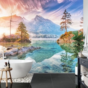 湖、山、岩、風景、自然の景色、カラフルなホームデコレーション、3D簡単取り付け壁画壁紙、剥がして貼るだけ、モダンアート、洗濯可能