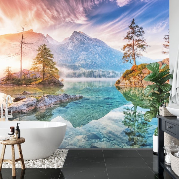 Lake Mountains Rocks Landscape Natural View, Colorful Home Decor 3D Easy-Install Wall Mural Wallpaper Peel and Stick Modern Art Washable