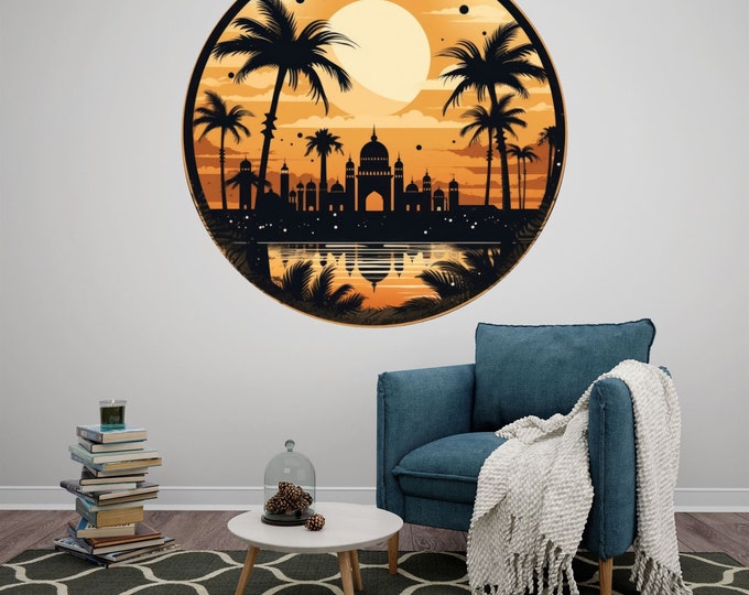 Mosque Sunset Illustration Art Circle Poster Photomural Wall Décor Easy-Install Removable Self-Adhesive High Quality Peel and Stick Sticker