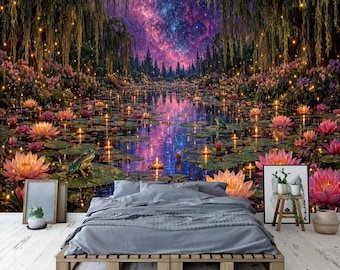 Magical Lily Pond Galaxy Art Print Wallpaper Mural, Peel and Stick