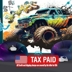 Monster Truck Watercolor Wall Decal, Gaming Room Decor, Kids Room Mural, Peel and Stick image 1