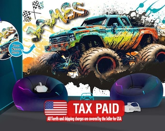 Monster Truck Watercolor Wall Decal, Gaming Room Decor, Kids Room Mural, Peel and Stick