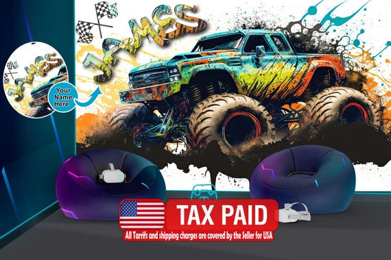 Monster Truck Watercolor Wall Decal, Gaming Room Decor, Kids Room Mural, Peel and Stick