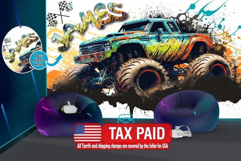 Monster Truck Watercolor Wall Decal, Gaming Room Decor, Kids Room Mural, Peel and Stick image 1