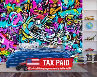 Graffiti Splatter Wallpaper Mural, Colorful AI Art Print Peel and Stick