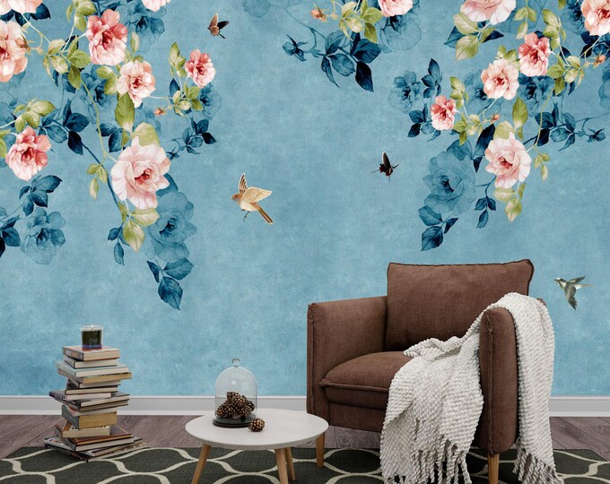Vintage Chinoiserie Birds Trees and Flower Gift Art Print Photomural Wallpaper Mural Easy-Install Removeable Peel and Stick Large Wall Decal