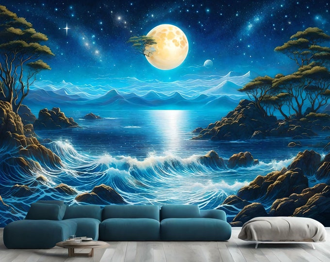 Cosmic Ocean Waves Shimmering Stardust Cascade Gift Art Print Photomural Wallpaper Mural Easy-Install Removeable Peel and Stick Large Decal