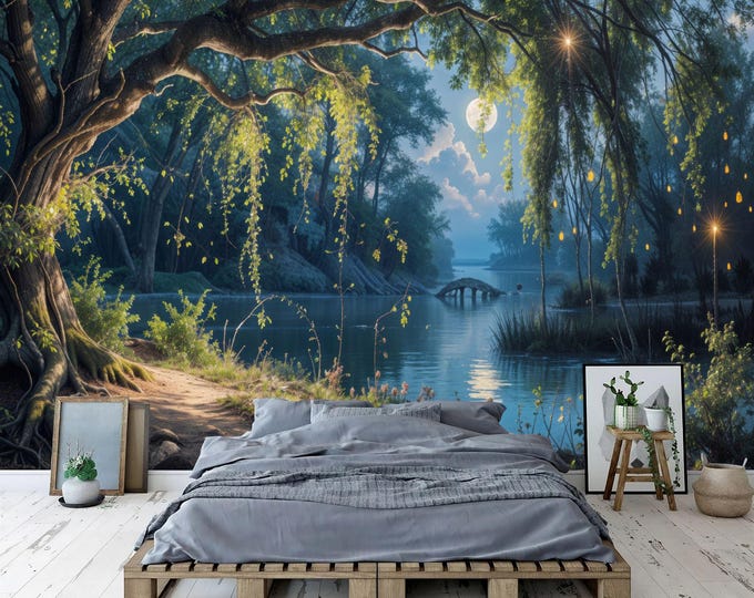 Mystical Forest Tree Sky Moon Romantic Gift, Art Print Photomural Wallpaper Mural Easy-Install Removeable Peel and Stick Large Wall Decal