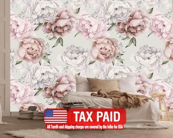Wallpaper, Peony Flower Wall Mural, Watercolor Floral, Peel and Stick Decal