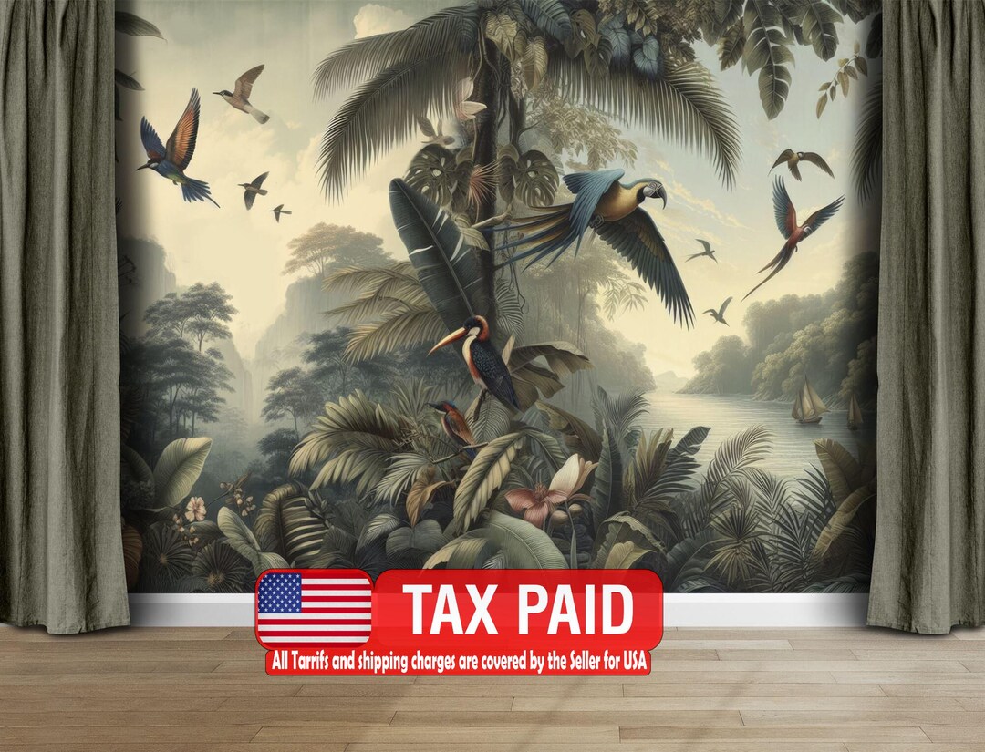 Jungle Mural, Tropical Leaves, Birds, Peel and Stick Wallpaper - Etsy