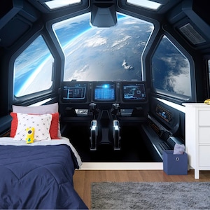Outer Space Spaceship window View Gift, Stars Astronomy Kids Room Decor Easy-Install Wall Mural Wallpaper Peel and Stick Modern Art Washable