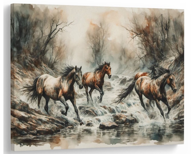 Running Horses by a Stream Animals Modern Hangings Decor Natural Canvas Print Wall Art Picture Great Gift Idea High-Quality Home Wall Art