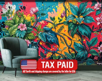 Floral Graffiti Mural, Hand-Drawn Street Art, Peel and Stick Wallpaper