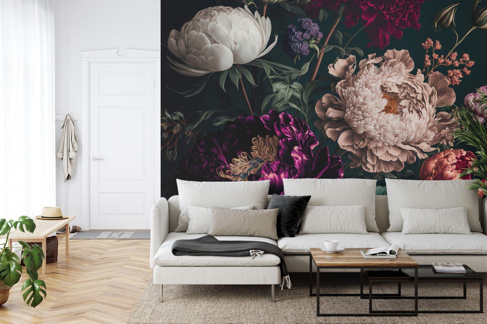 Baroque Peonies Wallpaper Mural, Rich Deep Colors, Peel and Stick Art ...