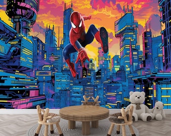 Kids Superhero Cityscape Wall Mural, Peel and Stick Wallpaper