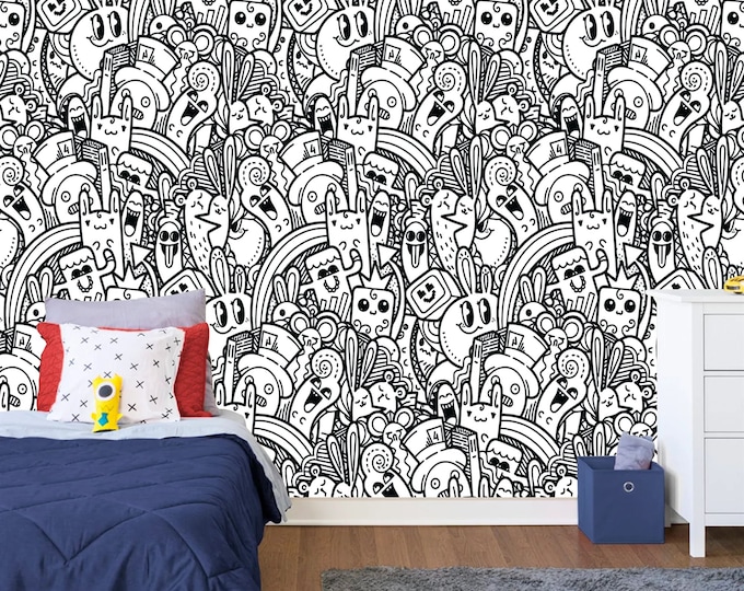 Doodle Pattern Kids Room Mural, Nursery Gift, Art Print Photomural Wallpaper Mural Easy-Install Removeable Peel and Stick Large Wall Decal