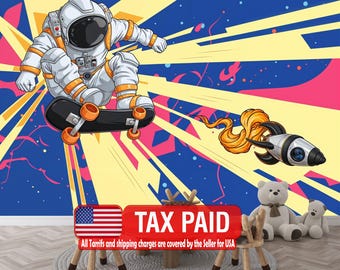 Spaceman Graffiti Art Print Wallpaper, Kids Room Decor, Peel and Stick Mural