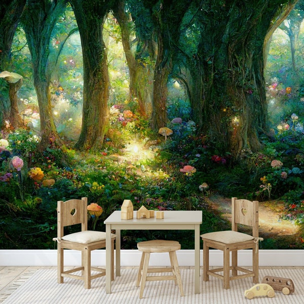 Fairytale Magical Forest at Night Generative AI Kids Gift, Art Print Photomural Wallpaper Mural Easy-Install Removeable Peel and Stick Decal