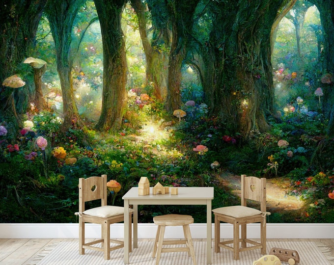 Fairytale Magical Forest at Night Generative AI Kids Gift, Art Print Photomural Wallpaper Mural Easy-Install Removeable Peel and Stick Decal