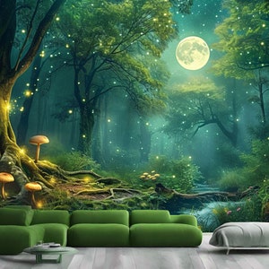 Une nuit de forêt enchantée, un cadeau magique au clair de lune, impression d'art, papier peint mural photo amovible facile à installer, grand sticker mural