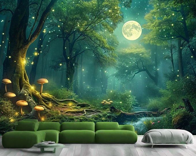 Enchanted Forest Night a Magical Moonlit Gift, Art Print Photomural Wallpaper Mural Easy-Install Removeable Peel and Stick Large Wall Decal