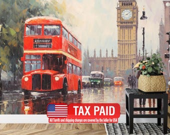 London Street Wallpaper Mural: Big Ben, Red Bus, Easy-Install