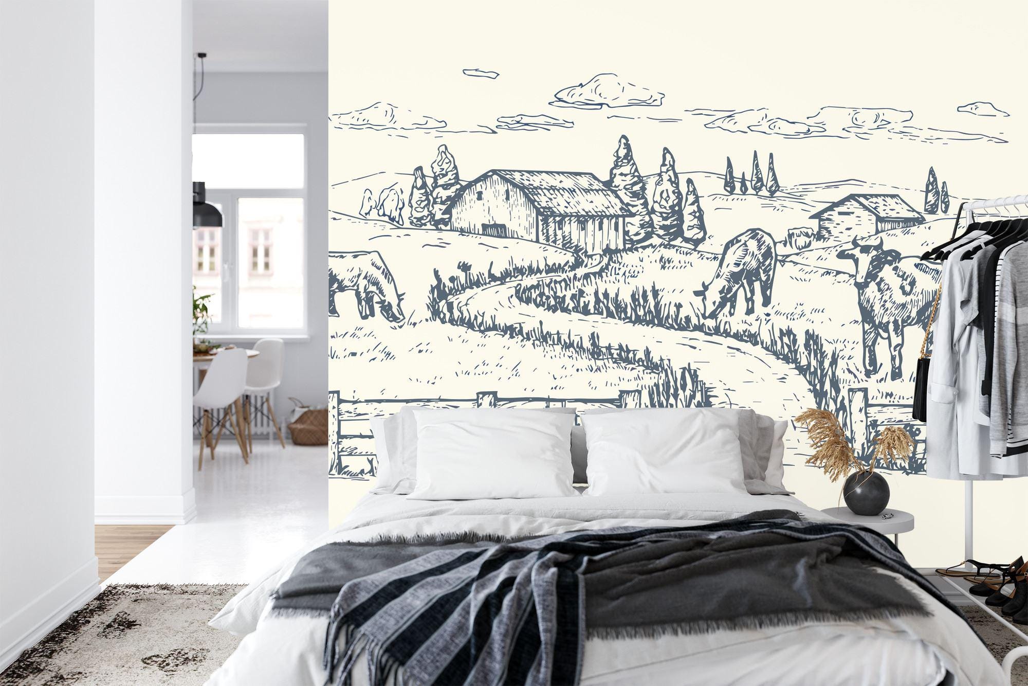 Sticker Drawings Rustic Rustic Farm Sketch Wallpaper Mural, Monochromatic Peel and Stick Decal ...