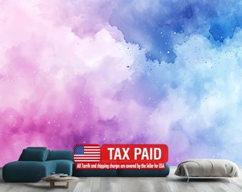 Watercolor Abstract Wallpaper Mural, Pink Purple Sky, Peel and Stick