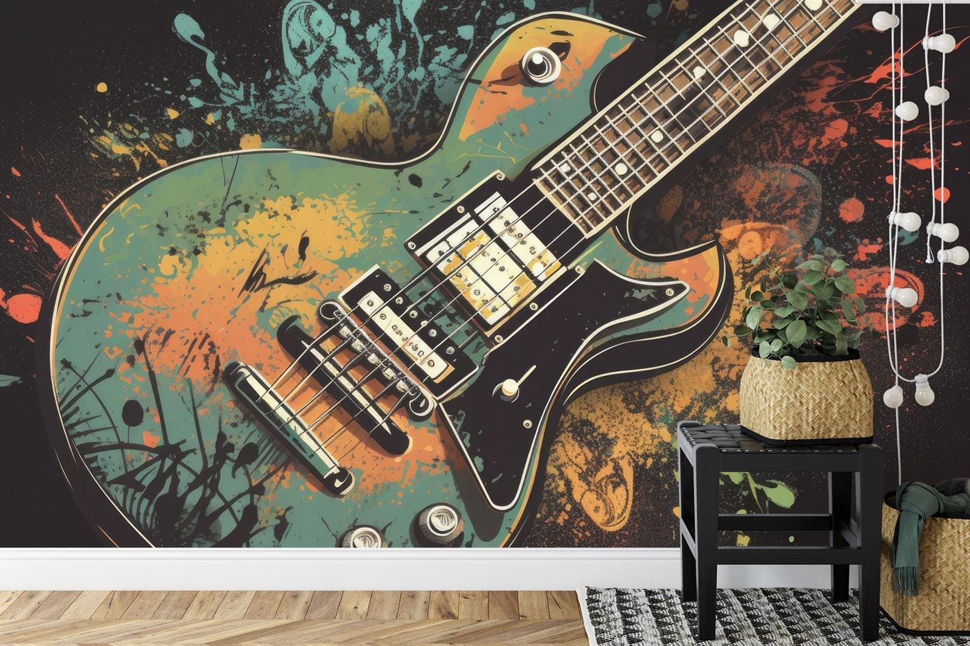 Guitar Coulered Splash Music Wallpaper Mural Art Print Photomural Wall Decor Easyinstall