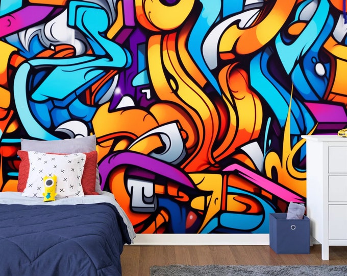 Chaotic Metaverse Colorful Urban Graffiti Gift, Art Print Photomural Wallpaper Mural Easy-Install Removeable Peel and Stick Large Wall Decal