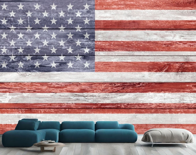 USA American Flag Vintage Wooden Logs Gift, Art Print Photomural Wallpaper Mural Easy-Install Removeable Peel and Stick Large Wall Decal Art