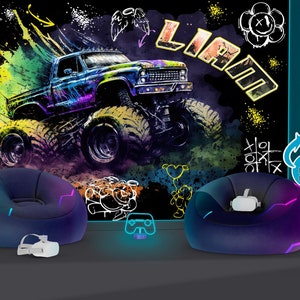 Monster Truck Customized Name Gaming Room Playing Kids Room Gift, Art Print Photomural Wallpaper Mural Removeable Peel and Stick Wall Decal